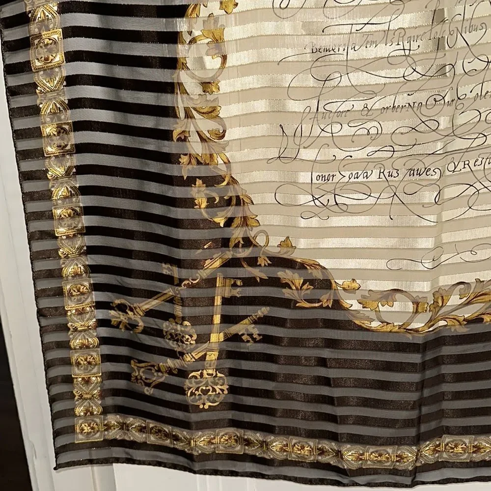 Vtg very large Liz‎ Claiborne brown, gold & cream polyester scarf/ key print